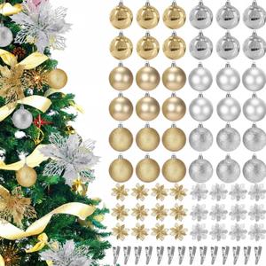 Soaoo 60 Pcs Gold Silver Christmas Tree Ornaments Set, 36 Pcs 2.36" Shatterproof Christmas Balls Decorations, 24 Pack 6.3" Glitter Poinsettia Artificial Flowers Decor Xmas Hanging Ornaments