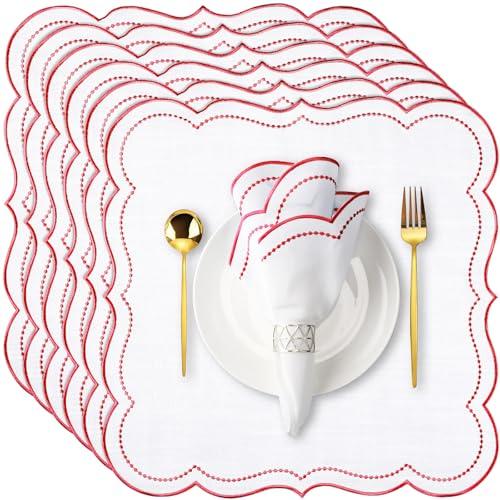 Hahafelt Cloth Napkins 18x18 Inches Scalloped Embroidery Cloth Napkins Washable Polyester Table Dinner for Hotel Restaurant Weddings Events Parties(Red,6 Set)