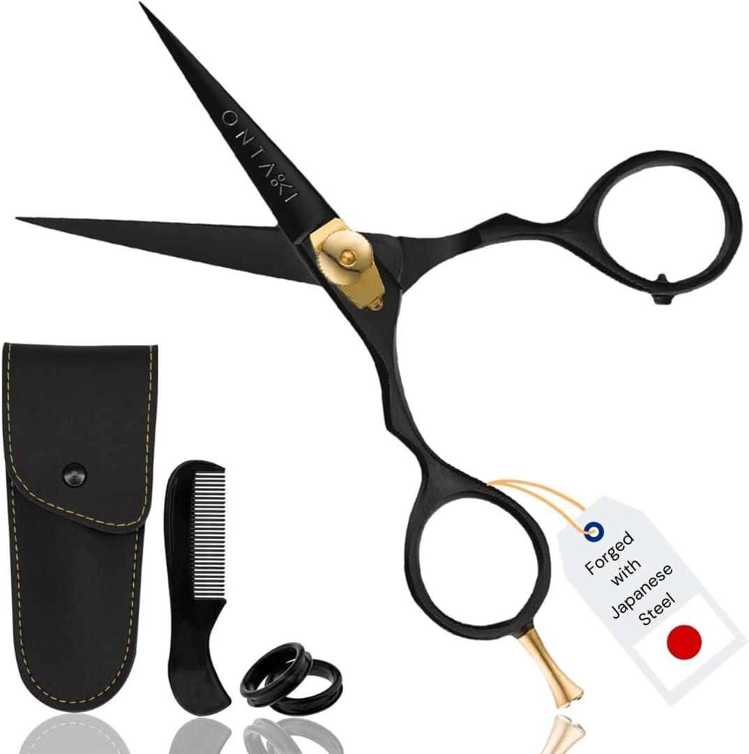 Ontaki Japanese Steel Beard & Hair Trimming Scissors - 5.5 In, Black - Finger Rest & Tension Knob for Hair & Mustache Scissors - Alloy Steel For Mustache Kit