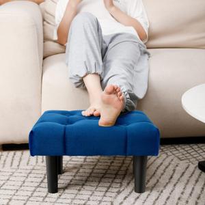 HOUCHICS Small Footstool Ottoman, Velvet Wooden Foot Stool Ottoman with Wood Legs, Sofa Footrest Extra Seating for Living Room Entryway Office(Blue 1PACK)