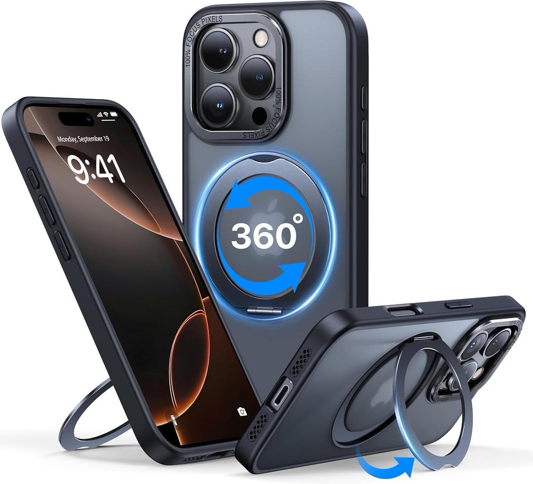 QTlier case for iPhone 16pro, 360 Rotatable Ring Stand, Raised Camera Frame, Shockproof with MagSafe Black