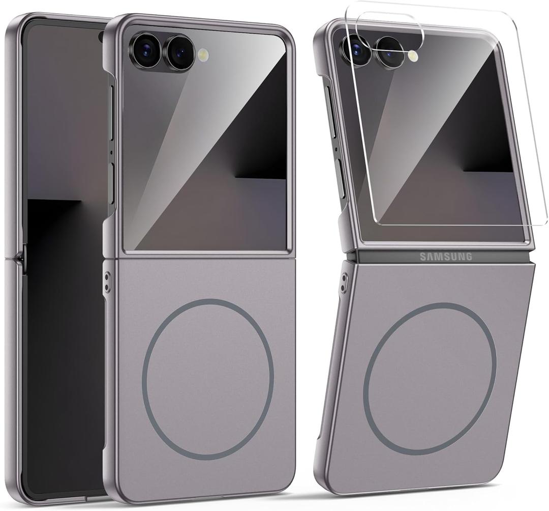 MAKAVO Magnetic for Samsung Galaxy Z Flip 7 Case, Compatible with MagSafe, Built-in Screen Protector, Flip7 Slim Hard Shockproof Phone Cover, Titanium Gray