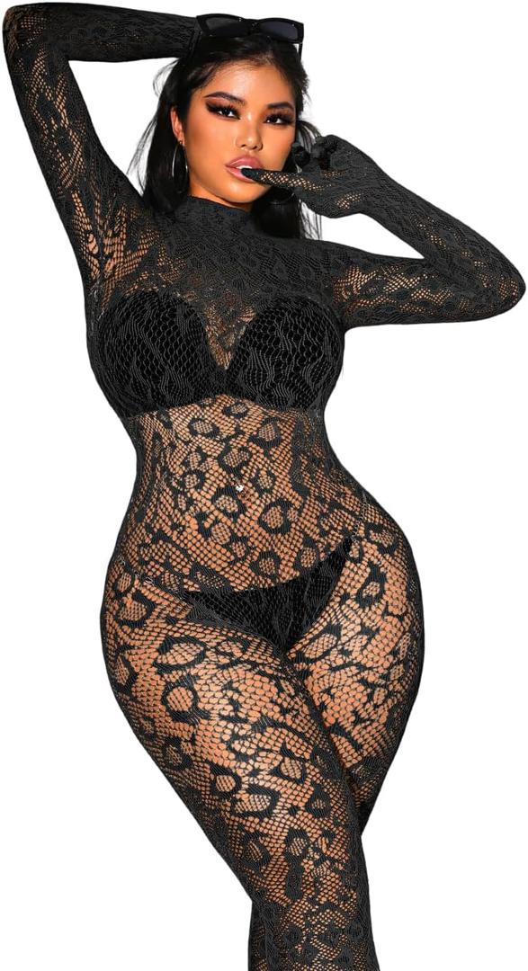 Sexy Lace Leopard Jumpsuit For Women, Fishnet Bodysuit Glow Party Club, Poster One Piece Mesh Full Body Rave Outfits (Black)