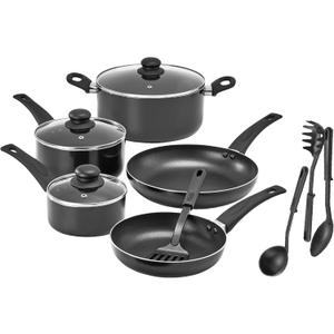 bella Cookware Set, 12 Piece Pots and Pans with Utensils, Nonstick PFOA Free Scratch Resistant Cooking Surface Compatible with All Stoves, Nylon and Aluminum, Black
