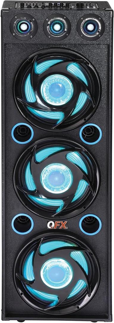 QFX SBX-412300BT TWS Bluetooth Triple 12 Woofer Triple 1 Tweeter Recording High-Performance PA Cabinet Speaker with 10-Band Graphic EQ, 2 Microphone Inputs, Guitar Input, and AUX Input, Blue