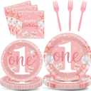 96 Pcs Girl 1st Party Supplies Pink One Year Old Paper Plates Baby Girl 1st Birthday Decoration Pink DisposableTableware Set Bridal Shower Birthday Party Paper Plate Napkin Fork 24 Guests