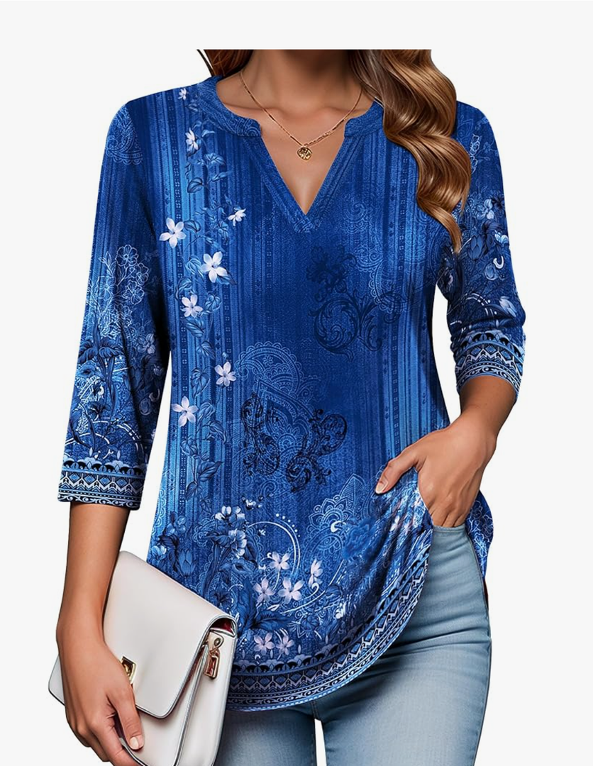 Zeagoo Womens 3/4 Length Sleeve Tops V Neck Tunic Casual Dressy Blouse Floral Printed T Shirts, Size XXL