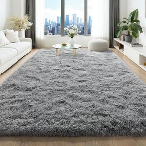 HQAYW 6x9 Fluffy Grey Area Rugs for Living Room Bedroom, Soft Plush Shaggy Bedside Rug, Non-Slip and Machine Washable Carpet for Kids Girls and Boys, Dorms, Nursery Rooms, Home Decor