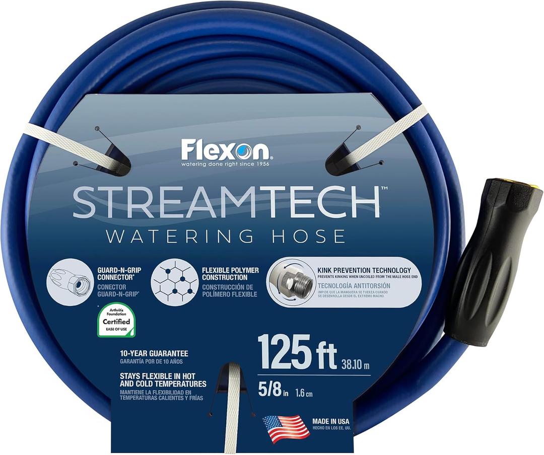 Flexon StreamTech 5/8" x 125 ft Heavy Duty Garden Hose  Flexible Polymer Construction, Kink Prevention, Guard-N-Grip Connector, Leak-Proof, Blue