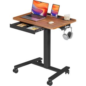 Mobile Standing Desk with Drawer, 28" Rolling Desk with Cup Holder and Hooks, Portable Laptop Workstation on Wheels, Height Adjustable Cart with Storage for Home Office, Dark Wood