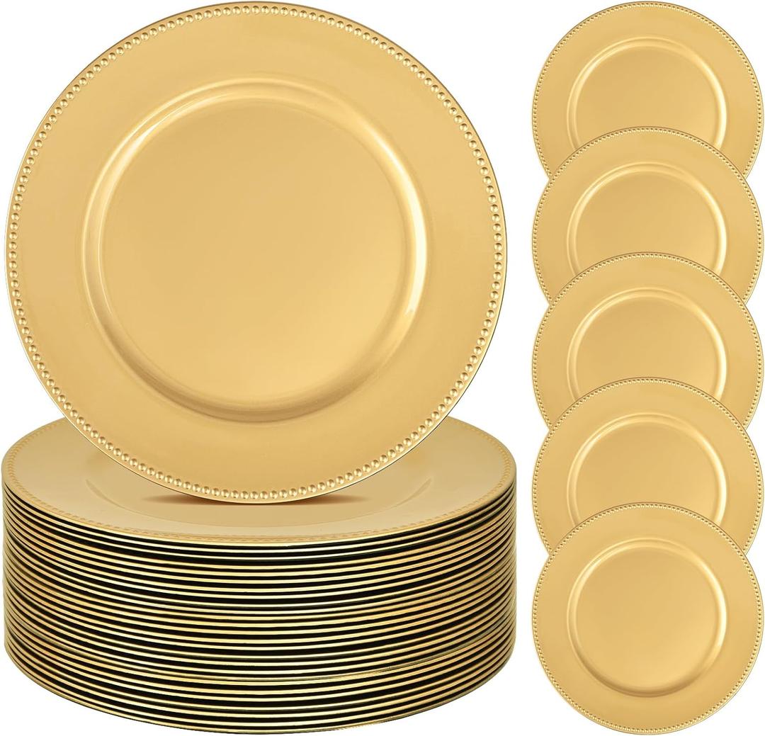24 Pcs Gold Charger Plates Bulk, 13" Round Beaded Plate Chargers for Dinner Plates, Decorative Dinner Chargers Plastic Table Chargers for Wedding Holiday Party Baby Shower Event Decoration (Gold)