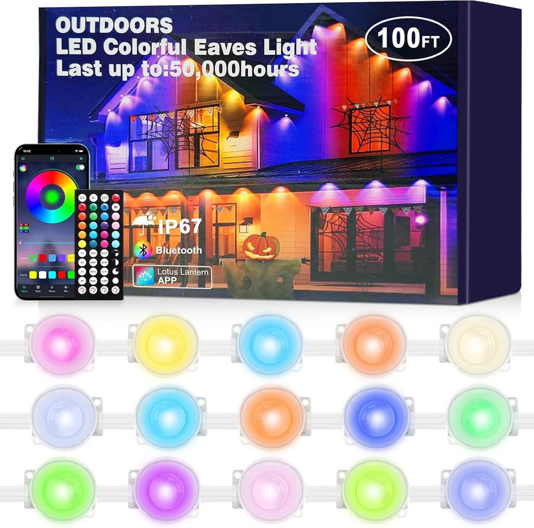 JZVGEN Permanent Outdoor Light for House,100ft RGB Outdoor Light with 50 LED Lights,IP67 Waterproof, with Remote Control for All Holiday Decor Decorations Lights