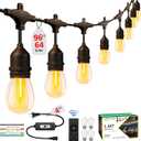 100FT LED Outdoor String Lights with 60+4 Waterproof Bulbs(.  ), Remote & Dimmer, Commercial Grade Patio Lights with 3 Mode Light & Timing, 100PC Ties
