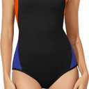 Beautikini Period Swimwear One Piece Leakproof Menstrual Swimsuit Racerback Color Block Bathing Suit for Teen Girls Women (Medium, Black Blue)