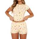 Cioatin Women 2 Pieces Pajama Sets Y2K Summer Floral Fruit Print Lounge Set Short Sleeve Crop Tops and Shorts Sleepwear, S