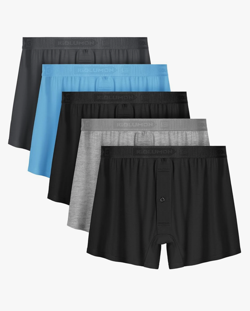 IGOLUMON Mens Underwear Boxer Shorts 5 Pack Bamboo Rayon Boxers for Men Classic Relaxed Fit Boxer Shorts with Button Fly, Size L