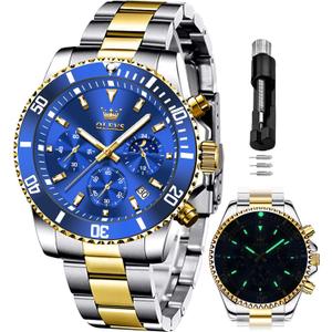 OLEVS Mens Watches Chronograph Luxury Dress Moon Phase Quartz Stainless Steel Waterproof Luminous Business Calendar Wrist Watch (two tone blue)