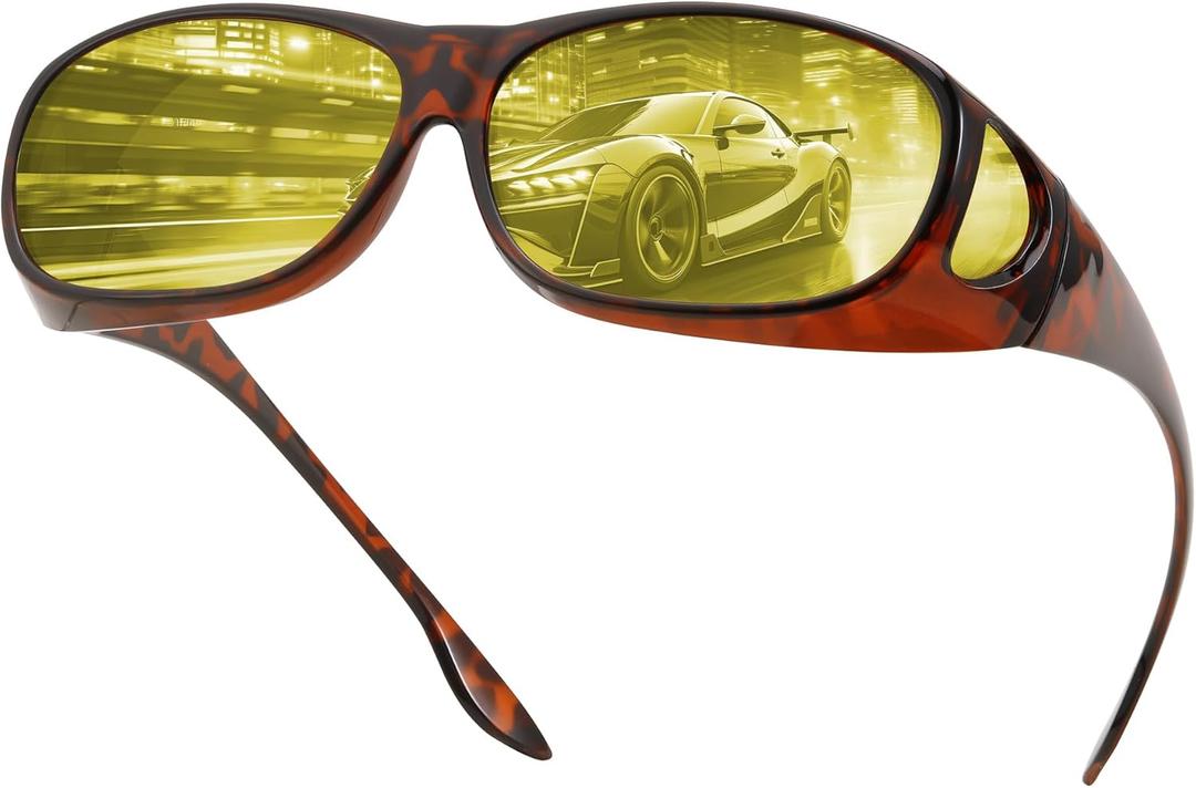 FEISEDY Night Driving Glasses,Men Women Fit Over Sunglasses, Anti Glare Polarized HD Night Vision Glasses Yellow Lens B0221