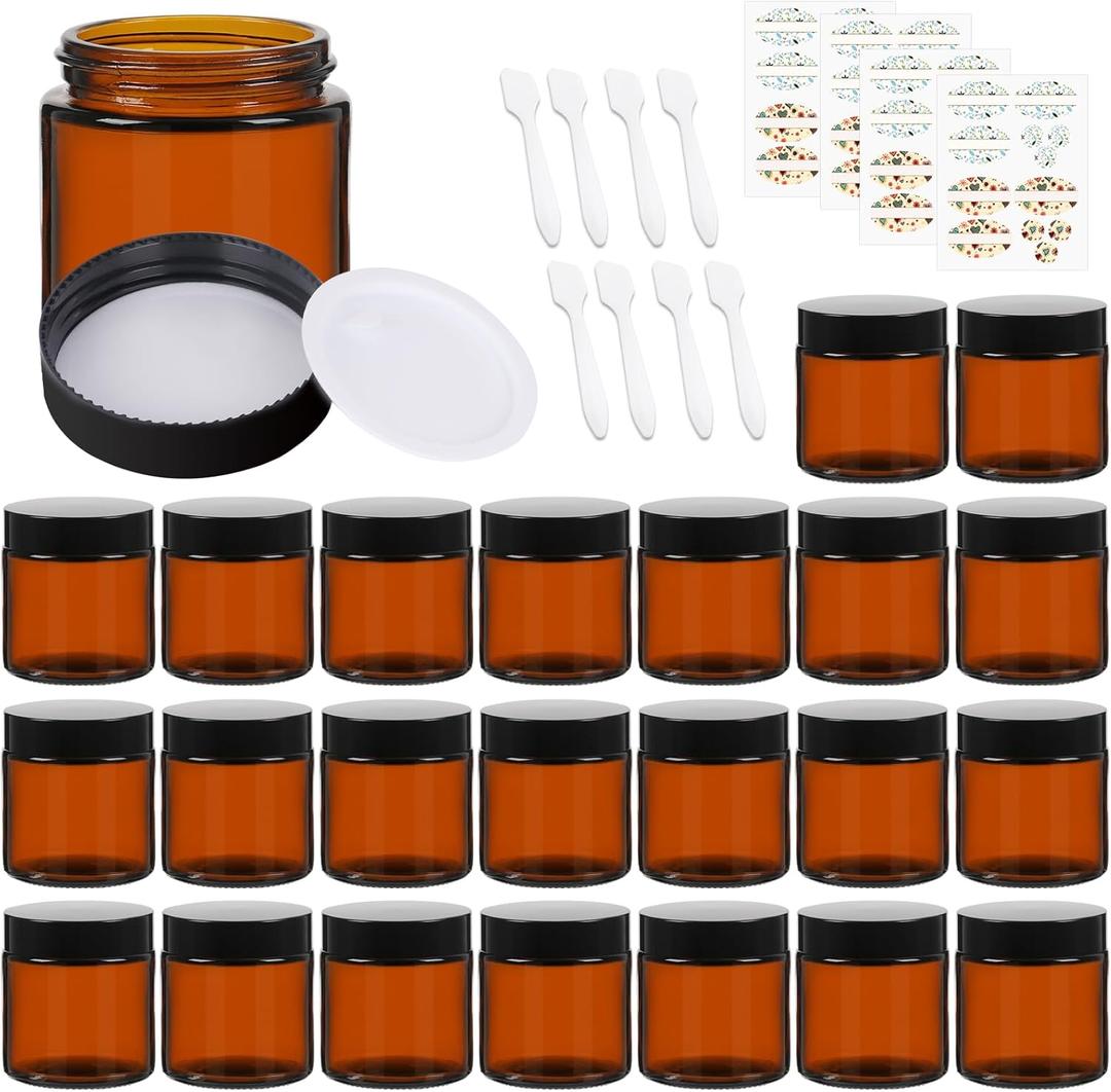 EkkoVla 24 Pack 4 oz Amber Glass Jars with Lids, Round Empty Cosmetic Containers with Inner Liners for Lotion, Cream, Ointments, Powder, Candle