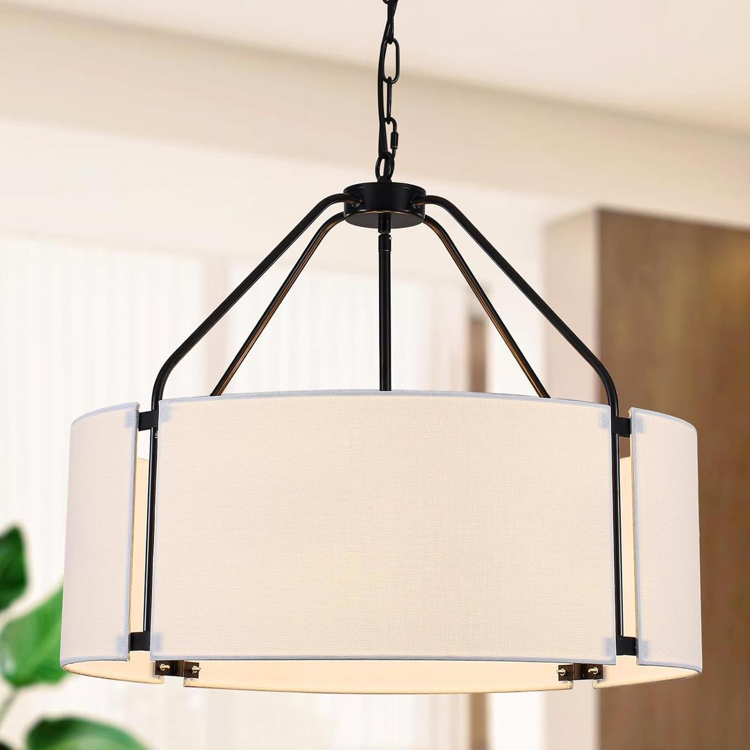 Drum Chandeliers, Modern 23'' Farmhouse Pendant Light Fixture with White Linen Fabric Shade, Black Round Adjustable Hanging Lights for Dining Room Bedroom Kitchen Living Room Foyer Entryway
