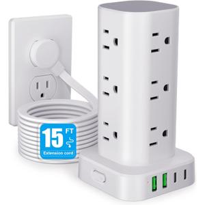 Power Strip Tower with Multiple Outlets, Flat Plug Surge Protector Tower Extension Cord with 12 AC Outlets 4 USB Ports (2 USB C), 15FT Cord Power Tower Surge Protector for Home Office Dorm Room, White