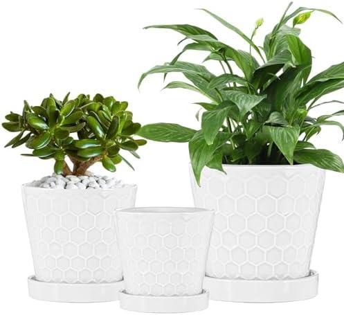 Ceramic Plant Pots,4+5+6 Inch Pots for Indoor Plants,Planters with Drainage Holes and Ceramic Tray, Indoor Flower Pots Gardening Home Desktop Office Windowsill Decoration Gift, Set of 3 (White)