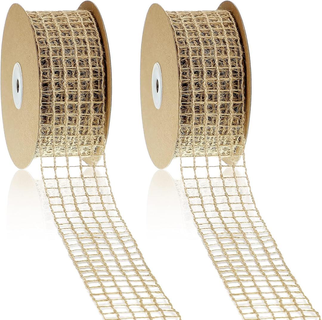 2 Rolls Mesh Burlap Wired Ribbon Open Weave Burlap Net Ribbon Fabric DIY Craft for Wrapping Bow Wreath Party DIY Crafts Home Decor(20 Yards x 2 Inch,5 Square Grids)