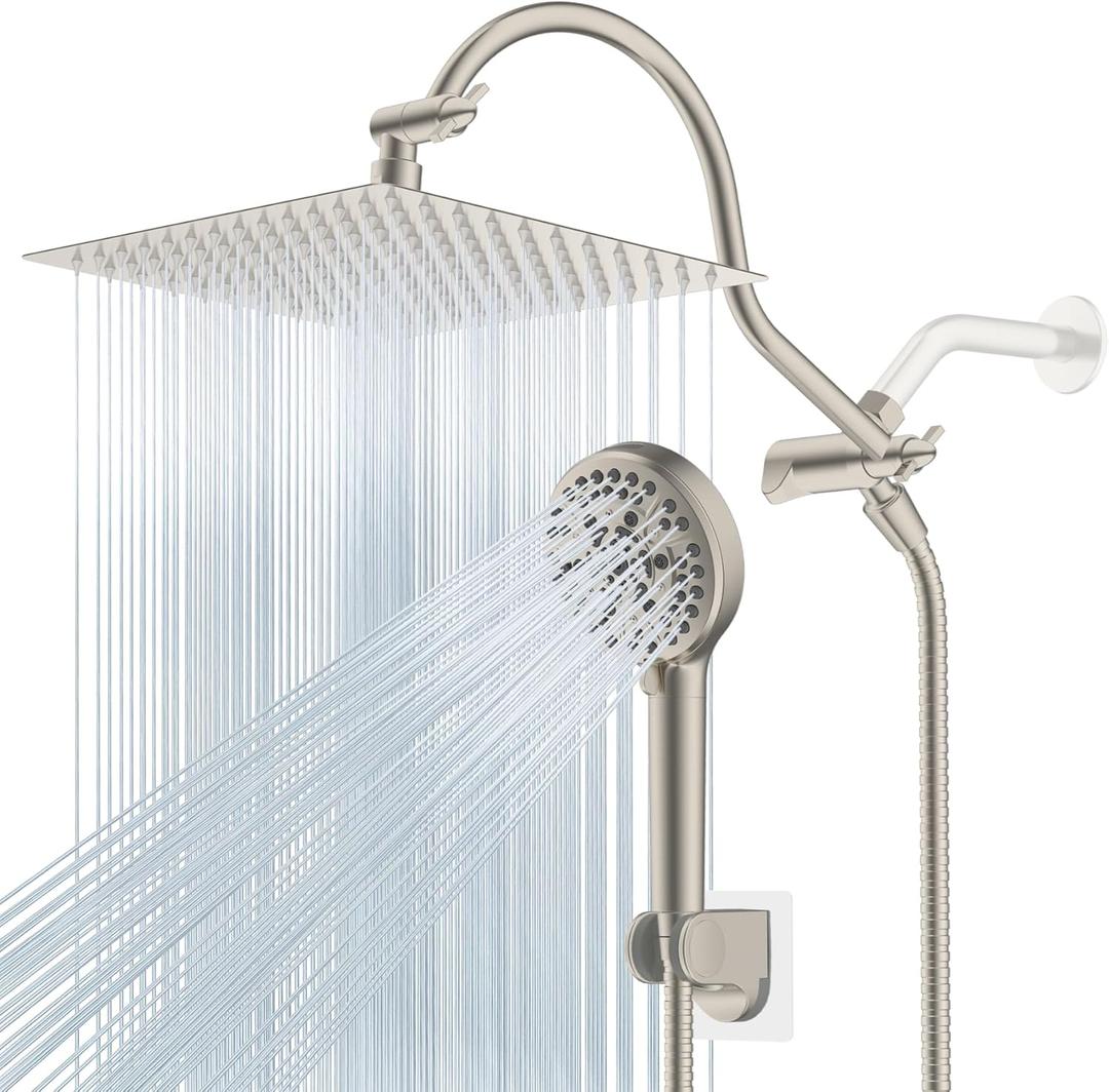 Hibbent 12'' All Metal CUPC Certified Shower Head, High Pressure Rainfall Shower Head, Handheld Showerhead Combo, 12'' Adjustable Extension Arm, 10-Spray, 71'' Hose, Showerhead Holder, Brushed Nickel