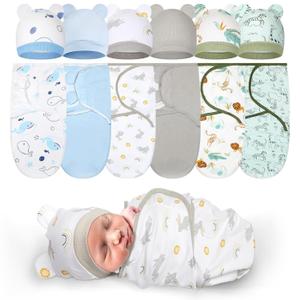 Ramede 6-Pack Preemie Baby Swaddle Blankets with Hats, Breathable 100% Cotton Baby Swaddles, Suitable for Preemie Babies and Newborns, Soft Cotton, Adjustable(Whale,Blue and Green)