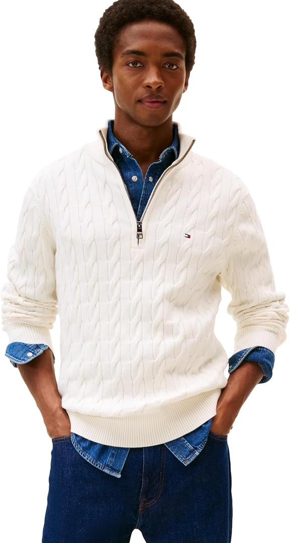 Tommy Hilfiger Men's Lightweight Cable Pullover Quarter Zip Sweater (White, M)