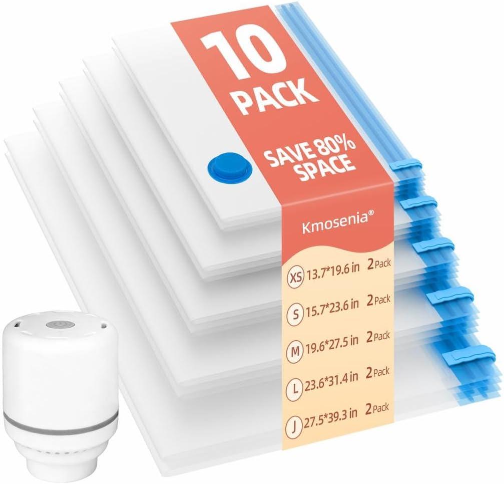 KMOSENIA Travel Vacuum Bags with Pump, 10 Pack Portable Travel Vacuum Bag Set, CarryOn Size Space Saver Compression Bags for Travel & Home, Luggage, Suitcase, Clothes, Clothing, Blankets