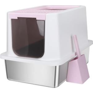 RIZZARI Stainless Steel Cat Litter Box, Odorless Enclosed Litter Box with Top Holes, Large Litter Pan for Small to Large Sized Cats (Pink, 23.8" L*15.9" W*16.1" H)