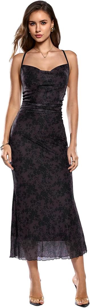 SOLY HUX Women's Floral Mesh Bodycon Cami Dress Cowl Neck Sleeveless Cocktail Party Wedding Guest Long Maxi Dresses, L