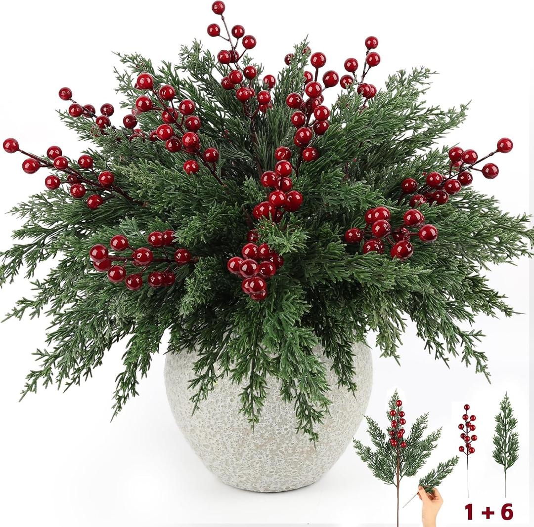 12Pcs/84Pcs Christmas Artificial Pine Branches with Red Berry Stems, 18 Faux Evergreen Christmas Tree Picks, Cedar Cypress Leaves Stems for Xmas Decorations Indoor DIY Craft Garland Home Decor