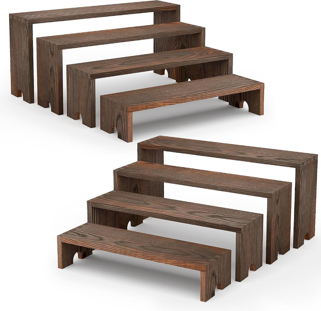 2 Set Wooden Cupcake Stand for Decor, 4 Tiered Stackable Display Risers, Farmhouse Decor Wood Dessert Table Display Set for Party, Vendor Events, Dark Brown