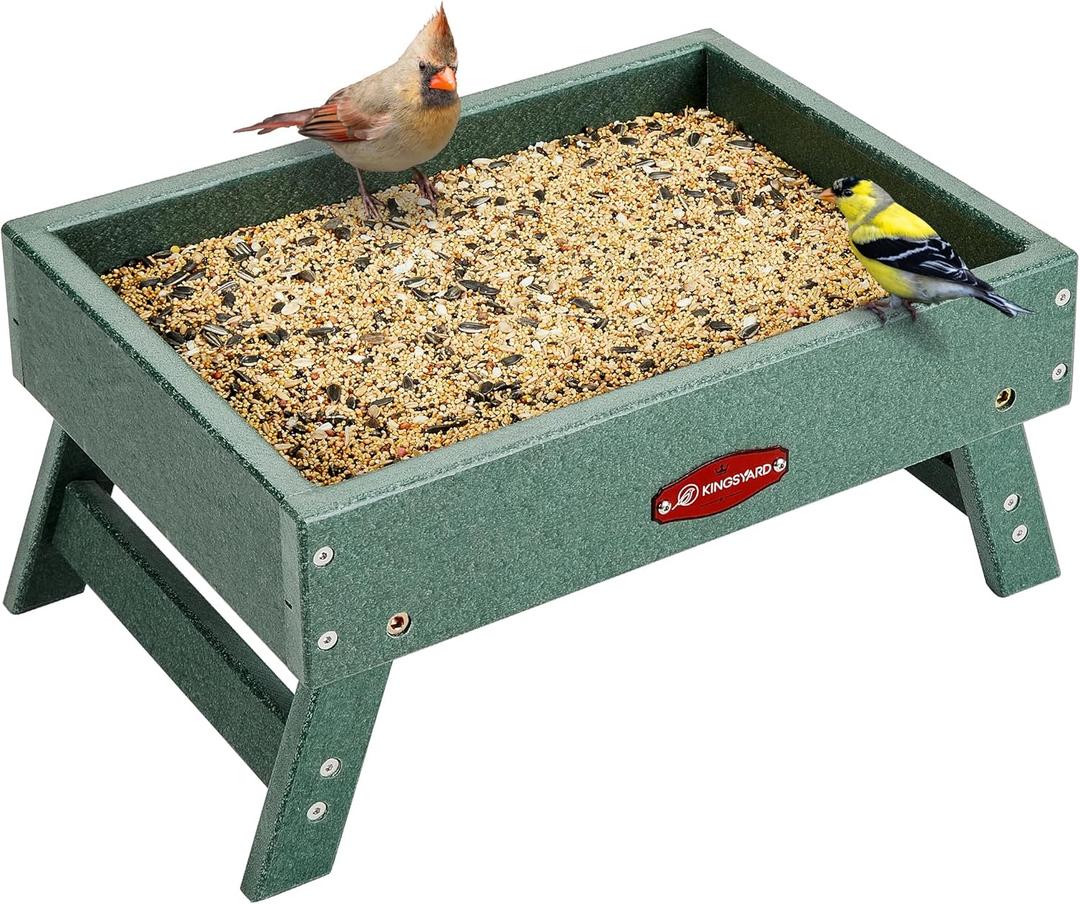 Kingsyard Ground Bird Feeder for Outdoors - Recycled Plastic Platform Feeder for Wild Birds, Squirrels, Chicken, 5 LBS Large Capacity, Green