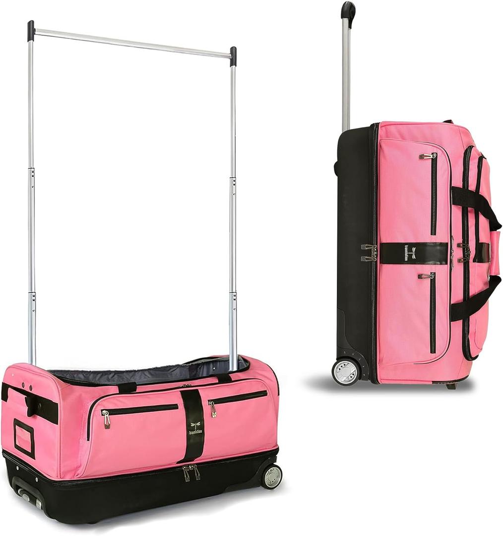 Travolution Dance Bag with Garment Rack, 28 Inch Rolling Duffel With Wheels, Ideal for Competitions & Travel, Easy-assembly Lightweight Aluminum Clothes Rack, Drop-Bottom Luggage (Black/Pink)