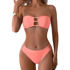Tainehs Women's Two Piece Strapless Bikini Sets Bandeau Cutout Swimsuit High Cut Bathing Suits (Coral Pink) Small