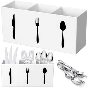 Suzile Acrylic Cutlery Storage Organizer Bin Silverware Caddy Countertop Knife Spoon and Fork Holder Kitchen 3 Section Tableware Storage Box for Cabinet Indoor Home Flatware Dining Room (White,M)