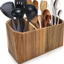Large Kitchen Utensil Holder for Countertop  Acacia Wood Utensil Organizer with 3 Compartments, Beveled Edges Design, Non-Slip Silicone Pads & Drain Hole  Rustic Farmhouse Utensil Caddy Crock