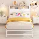 Merronix Twin Bed Frames with Charging Station, 2 Tiers Storage Headboard Twin Sized Bed No Box Spring Needed Heavy Duty Metal Platform, White