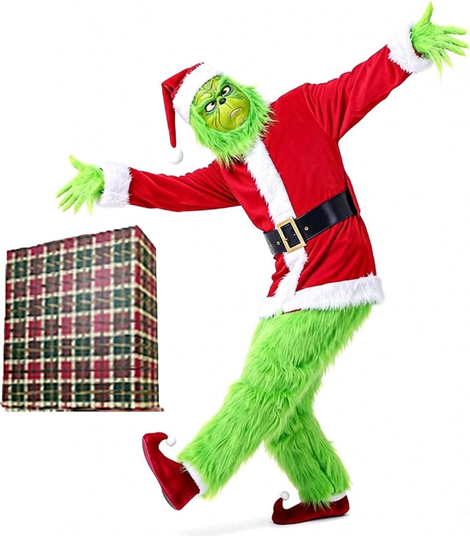 Santa Costume Adult.Christmas Costume 7pcs Suit With Green Monster Mask and Red Hat.Christmas Gift Box Packaging