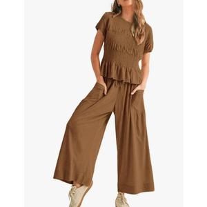 Womens 2 Piece Smocked Top Wide-Leg Pants Set High-Waisted Lounge Outfit with Pockets Casual Boho Matching Set, 2 XL  Womens 2 Piece Smocked Top Wide-Leg Pants Set High-Waisted Lounge Outfit with Pockets Casual Boho Matching Set, 2 XL