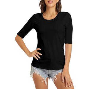 VIIOO Women's Basic Half Sleeve Crew Neck T-Shirt Casual Solid Slim Cotton Top(Black/O-Neck,S)