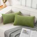 UGASA Pack of 2, Velvet Pillow Covers Striped, Soft Textured Throw Cushion Case Set, Accent Corduroy Lumbar Pillowcases with Hidden Zipper for Home Decor Indoor Outdoor (12"x20", Green)