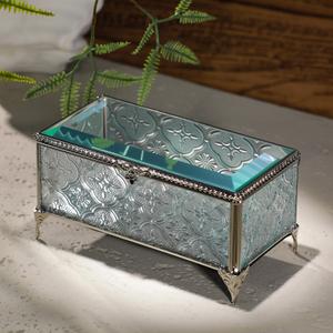 DHCGPP Glass Vintage Jewelry Box Keepsake storage Trinket Ring Display Box Home Decor Embossed Clear Glass Box Organizer(6.5x3.5x3.3Inches)