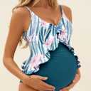 Summer Mae Maternity Swimsuit One Piece Ruffle Cutout Pregnancy Bathing Suit Lace Up Swimwear (Blue, S)
