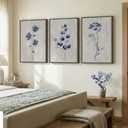 Framed Boho Floral Wall Art for Living Room, 3 Piece Blue Minimalist Botanical Canvas Painting Prints, Modern Rustic Watercolor Flower Plants Artwork for Bedroom Dining Room Office Wall decor, 24x36