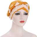 Fxhixiy Women Hijab Beading Pearl Braid Turban Hat Head Scarf Cancer Chemo Beanies Bandana Headwrap Cap (Yellow Beige)