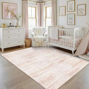 Latte&Fog 5x7 Washable Pink Rug for Girls Bedroom, Vintage Cute Soft Area Rugs for Nursery Room,Kids Room,Living Room,Dorm, Non Slip Low Pile Floral Carpets for Classroom,Playroom,Kitchen Dining Room